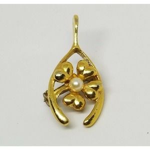 Vintage Gold Tone Lucky Wishbone Four Leaf Clover Faux Pearl Brooch Pin